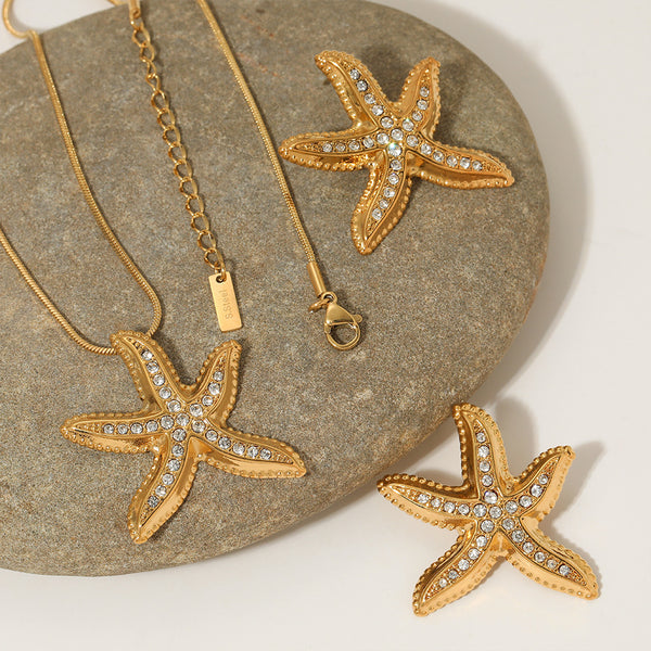 316 Stainless Steel Diamond Starfish Earrings Necklace Set Travel Vacation Versatile Accessories