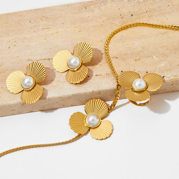 Vintage Fan Pearl Collarbone Chain Necklace Ring Earrings Set