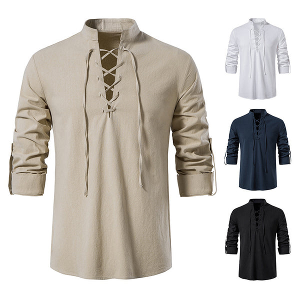 Cotton and linen long-sleeved casual beach stand-up shirt