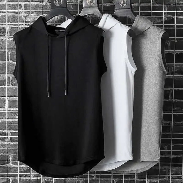 Men Tie Collar Hooded Sleeveless Vests